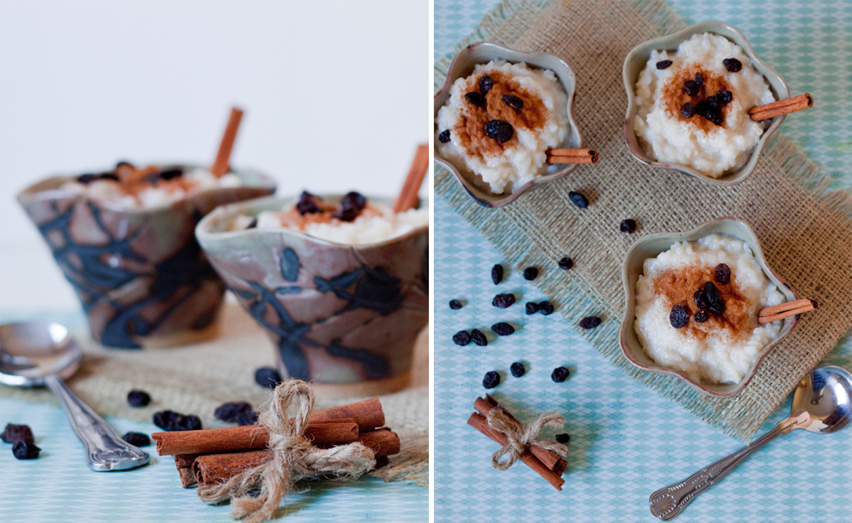Dos imágenes, una de frente y otra de arriba a tres tazoncitos de postre con arroz con leche con pasitas y canela
