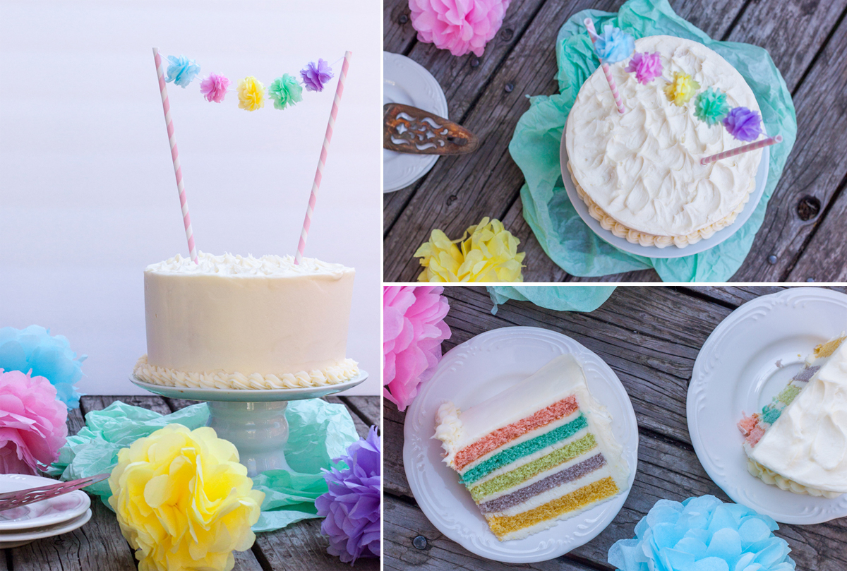 Collage de tres fotos donde se ve un pastel de cumpleaños con capas verticales en colores pastel vista de distintos ángulos