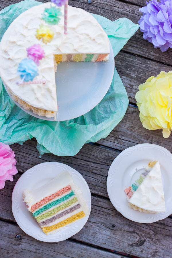 Vista de arriba a un pastel de cumpleaños y dos rebanadas servidas en platos