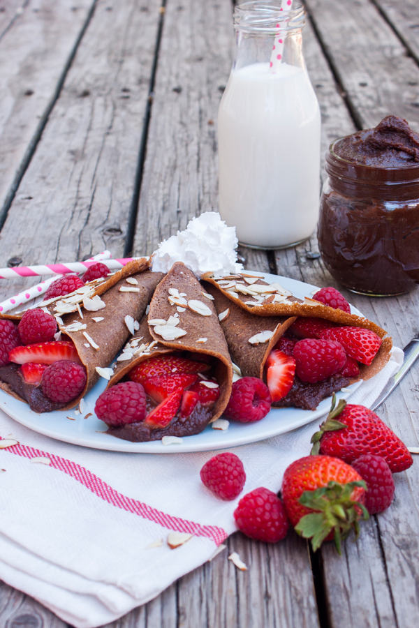 crepas rellenas de chocolate y fresas en un plato, al fondo se ve un frasco de leche con un popote