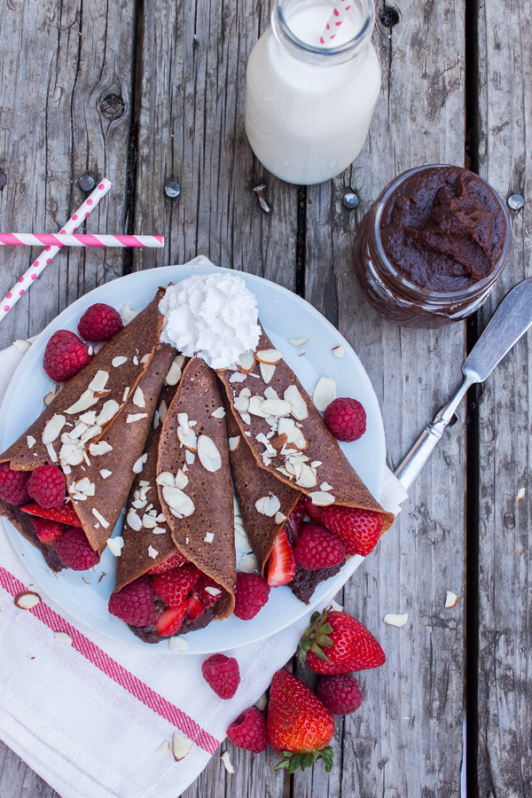 vista de arriba a un plato con tres crepas de avena con chocolate rellenas de fresas, frambuesas y nutella