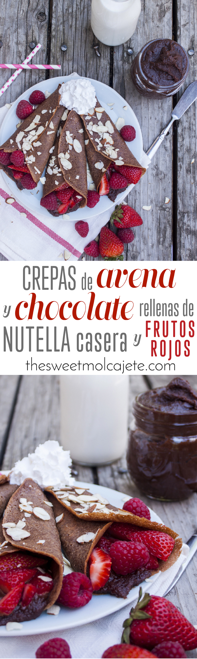 Deliciosas y nutritivas crepas de avena y chocolate rellenas de crema de avellanas (tipo nutella) y frutos rojos, súper fáciles de hacer y quedan perfectas para el desayuno o el postre de una cena especial