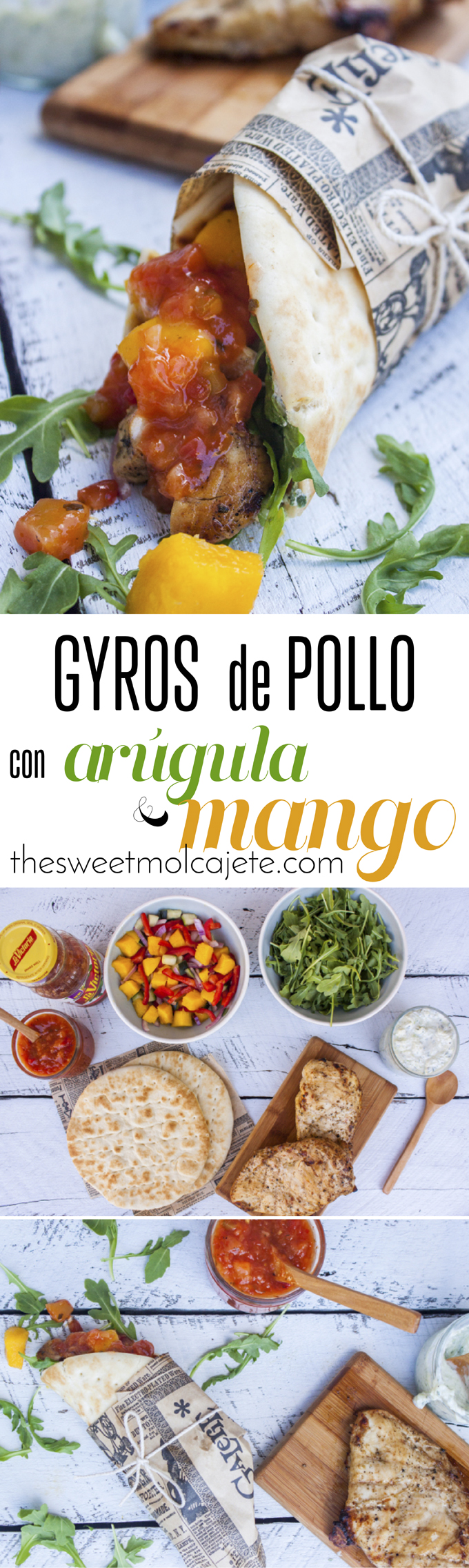 Gyros rellenos de jugoso pollo, arúgula (rúcula), una ensalada fresca de pepino, cebolla y mango se convierten en un platillo completísimo lleno de sabor, frescura y picor gracias a la Salsa Mango Habanero.